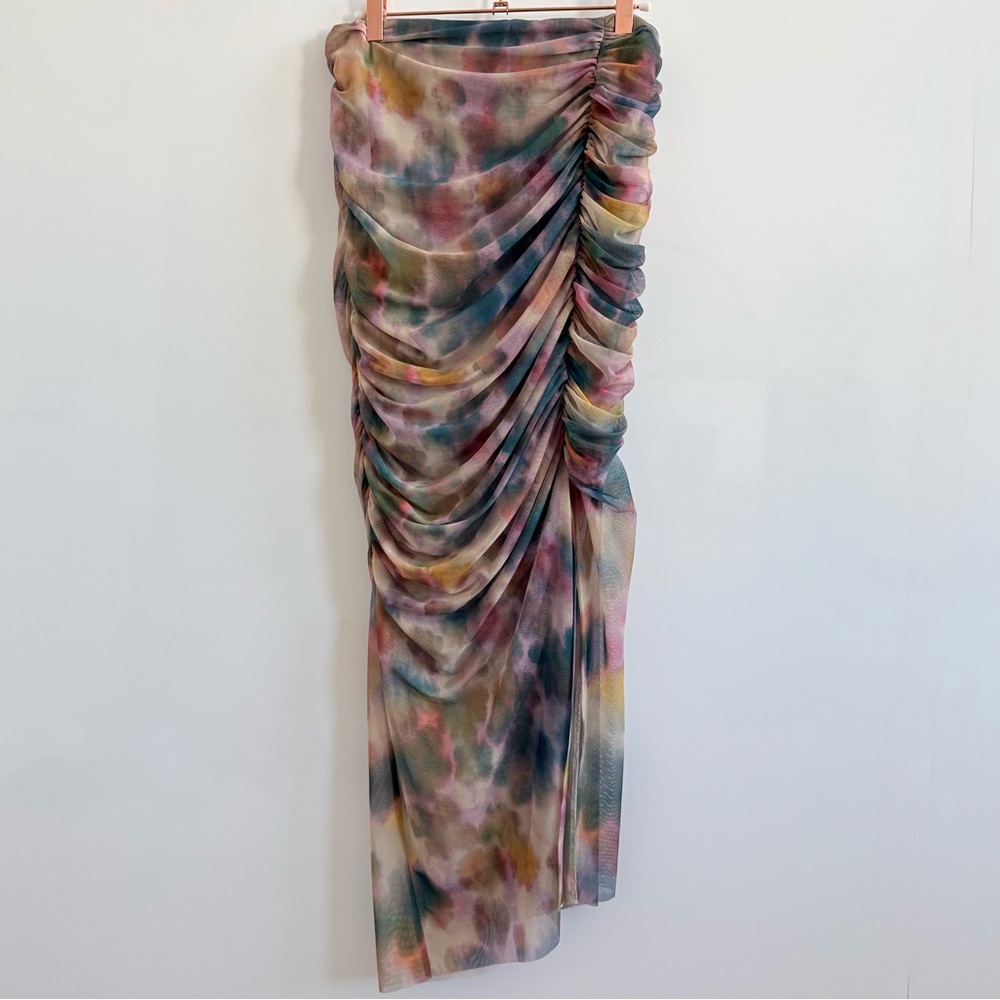 Anthropologie Midi Skirt Sheer Mesh Watercolor Print